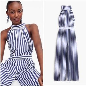 J. Crew Jumpsuit Womens 8 Blue White Striped Halter Tie Neck Preppy Nautical